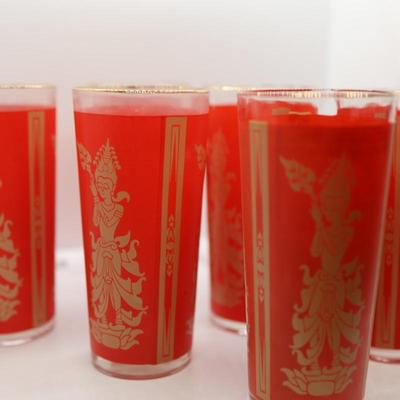Set of (11) Red and Gold Thai Dancer Glasses