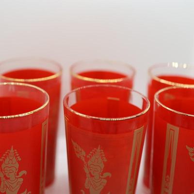 Set of (11) Red and Gold Thai Dancer Glasses