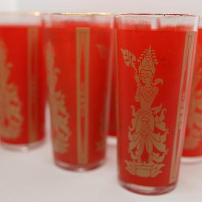 Set of (11) Red and Gold Thai Dancer Glasses