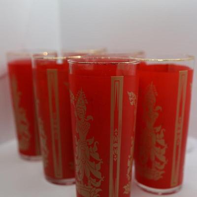Set of (11) Red and Gold Thai Dancer Glasses