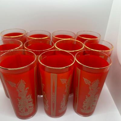 Set of (11) Red and Gold Thai Dancer Glasses