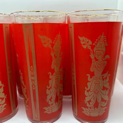 Set of (11) Red and Gold Thai Dancer Glasses