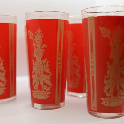 Set of (11) Red and Gold Thai Dancer Glasses