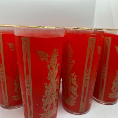 Set of (11) Red and Gold Thai Dancer Glasses