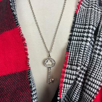 220 Buffalo Plaid Infinity Scarf , Red Black Earrings, Black & Gray Handbag, Beret , Key Rhinestone Necklace