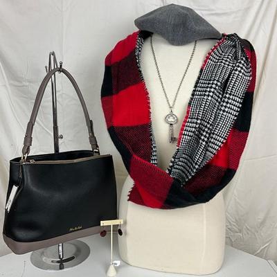 220 Buffalo Plaid Infinity Scarf , Red Black Earrings, Black & Gray Handbag, Beret , Key Rhinestone Necklace