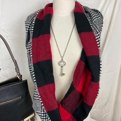 220 Buffalo Plaid Infinity Scarf , Red Black Earrings, Black & Gray Handbag, Beret , Key Rhinestone Necklace