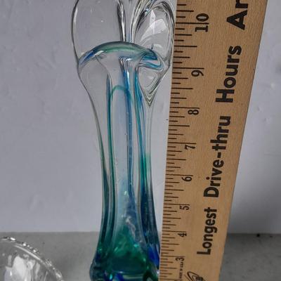 Beautiful Vintage Blue and clear swung / blown glass bud vase with Anchor Hocking three toed dish