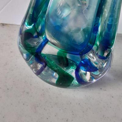 Beautiful Vintage Blue and clear swung / blown glass bud vase with Anchor Hocking three toed dish