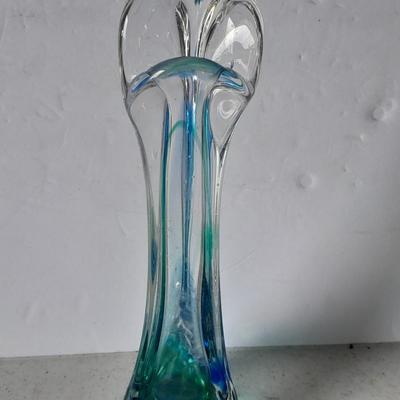 Beautiful Vintage Blue and clear swung / blown glass bud vase with Anchor Hocking three toed dish