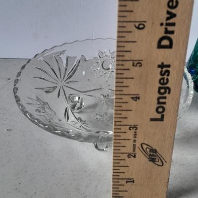 Beautiful Vintage Blue and clear swung / blown glass bud vase with Anchor Hocking three toed dish