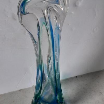 Beautiful Vintage Blue and clear swung / blown glass bud vase with Anchor Hocking three toed dish