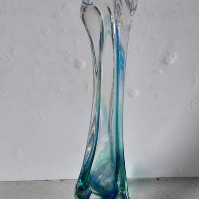 Beautiful Vintage Blue and clear swung / blown glass bud vase with Anchor Hocking three toed dish