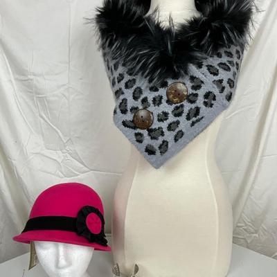 222 Black and White Faux Fur Scarf and Pink Black Hat, Elephant Cuff Bracelet
