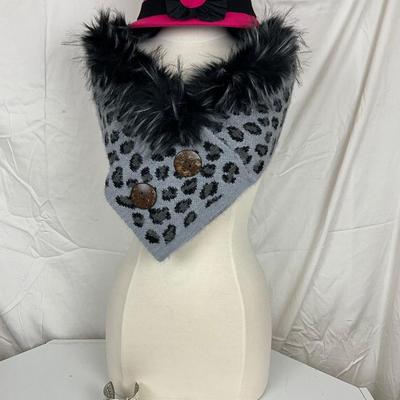 222 Black and White Faux Fur Scarf and Pink Black Hat, Elephant Cuff Bracelet
