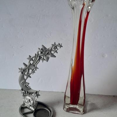 Beautiful vintage red and clear swung / blown glass bud vase with pewter Moon and starts candle sconce