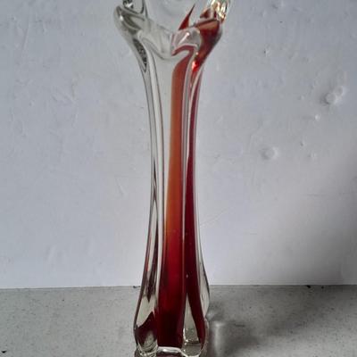 Beautiful vintage red and clear swung / blown glass bud vase with pewter Moon and starts candle sconce