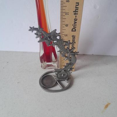 Beautiful vintage red and clear swung / blown glass bud vase with pewter Moon and starts candle sconce