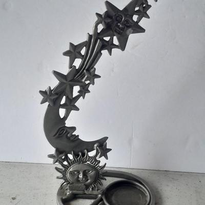 Beautiful vintage red and clear swung / blown glass bud vase with pewter Moon and starts candle sconce