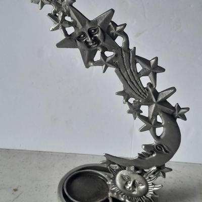 Beautiful vintage red and clear swung / blown glass bud vase with pewter Moon and starts candle sconce