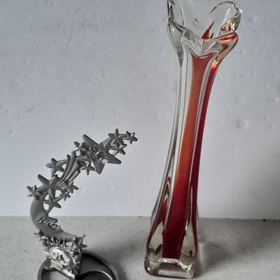 Beautiful vintage red and clear swung / blown glass bud vase with pewter Moon and starts candle sconce