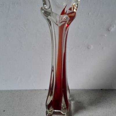 Beautiful vintage red and clear swung / blown glass bud vase with pewter Moon and starts candle sconce