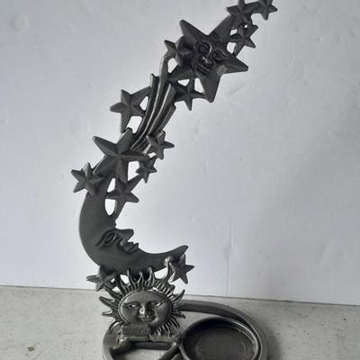 Beautiful vintage red and clear swung / blown glass bud vase with pewter Moon and starts candle sconce