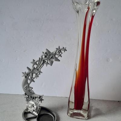 Beautiful vintage red and clear swung / blown glass bud vase with pewter Moon and starts candle sconce