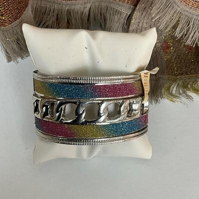 223 Pink and Gray Gold Design Scarf , Pink Gold Studded Handbag, Fan Gold Earrings,Link Hinged Bracelet
