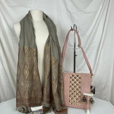 223 Pink and Gray Gold Design Scarf , Pink Gold Studded Handbag, Fan Gold Earrings,Link Hinged Bracelet