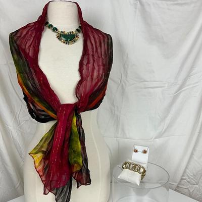 224 Burgundy, Black, Yellow, Red ,Orange Scarf , Green Beaded Necklace , Rhinestone Stretch Bracelet and Earrings