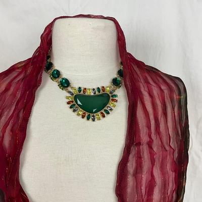 224 Burgundy, Black, Yellow, Red ,Orange Scarf , Green Beaded Necklace , Rhinestone Stretch Bracelet and Earrings