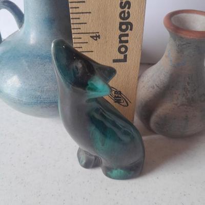 Pottery vases, blue metal, Puru, and Howling Coyote / wolf pottery