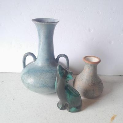 Pottery vases, blue metal, Puru, and Howling Coyote / wolf pottery