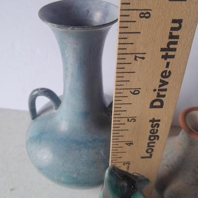 Pottery vases, blue metal, Puru, and Howling Coyote / wolf pottery