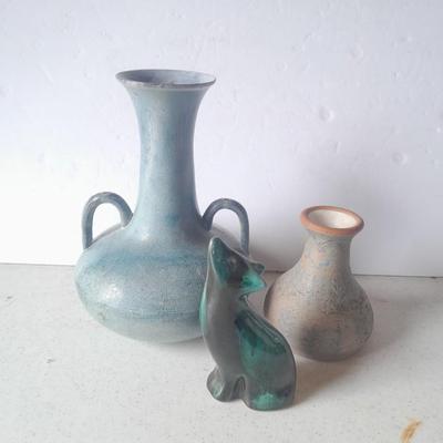 Pottery vases, blue metal, Puru, and Howling Coyote / wolf pottery