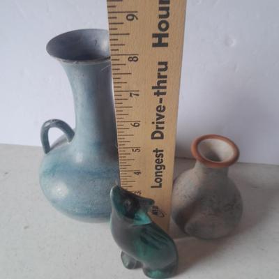 Pottery vases, blue metal, Puru, and Howling Coyote / wolf pottery