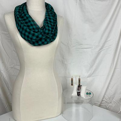 225 Green / Black Check Infinity Scarf with Acrylic Cuff Bracelet, Enameled Ring and Earrings