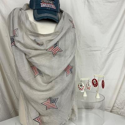 226 God Bless America Baseball Cap, Star Wrap/Shawl, Red and White Plastic Star Earrings