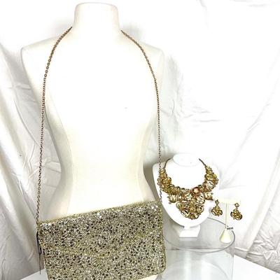 227 Golden Lot with Sequin Evening Clutch, Gold Rhinestone Necklace and Earring Set
