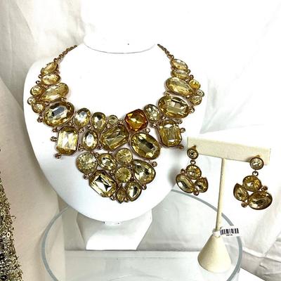 227 Golden Lot with Sequin Evening Clutch, Gold Rhinestone Necklace and Earring Set