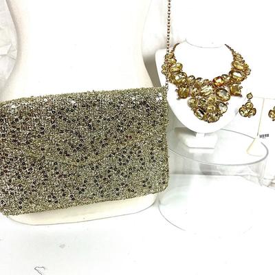 227 Golden Lot with Sequin Evening Clutch, Gold Rhinestone Necklace and Earring Set