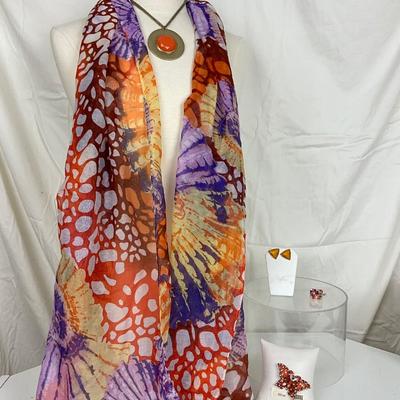 228 Monarch Butterfly Shawl/Wrap with Rhinestone Butterfly Brooch/ Earrings/ Orange Necklace / Ring