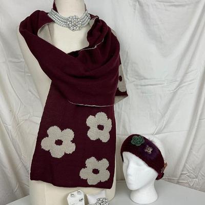 229 Floral Knit Burgundy Scarf/wrap with Head Wrap, Pearl Rhinestone Necklace, Bracelet and Earrings