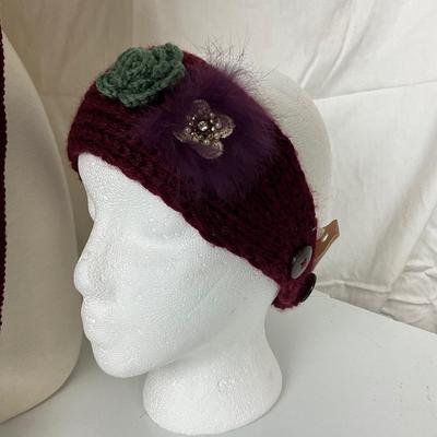 229 Floral Knit Burgundy Scarf/wrap with Head Wrap, Pearl Rhinestone Necklace, Bracelet and Earrings