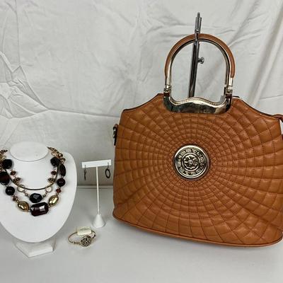 230 Brown Designer Style Handbag with Statement Necklace / Gold Bracelet/ Earrings