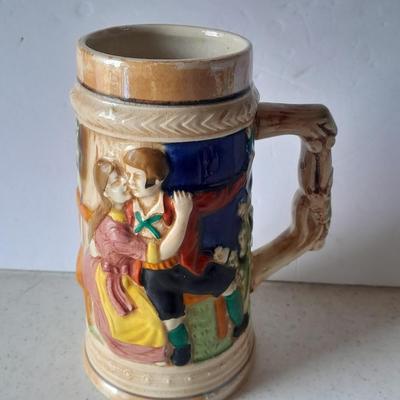 Vintage 9" hand painted porcelain tree vase with figures and vintage Japan Tankard stein