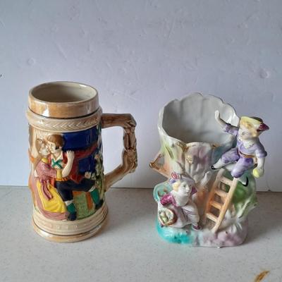 Vintage 9" hand painted porcelain tree vase with figures and vintage Japan Tankard stein