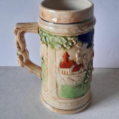 Vintage 9" hand painted porcelain tree vase with figures and vintage Japan Tankard stein