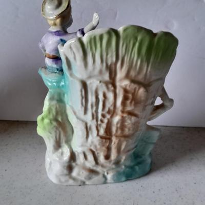 Vintage 9" hand painted porcelain tree vase with figures and vintage Japan Tankard stein